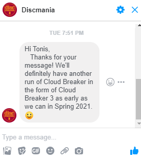 Discmania cloud breaker 2 out of production and cloud breaker 3 coming in the spring 2021 