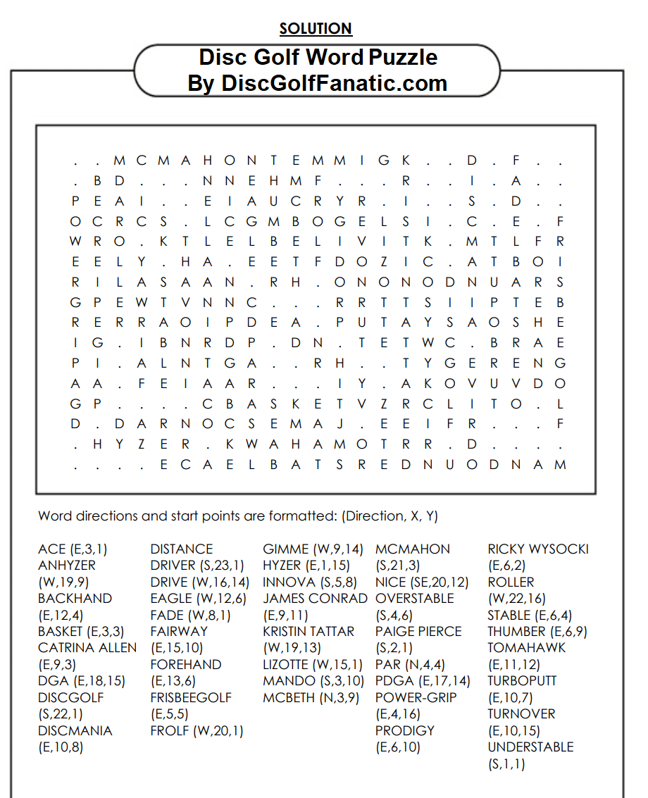 Disc Golf Word Puzzle Solution by DiscGolfFanatic.com