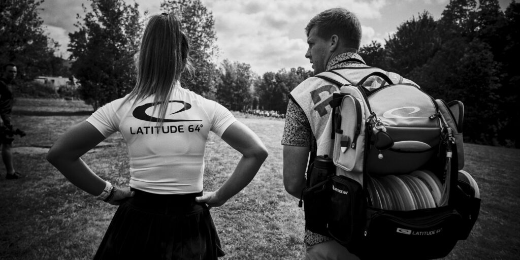 Kristin Tattar with her caddie, Silver Lätt, at the 2023 PDGA Pro Worlds