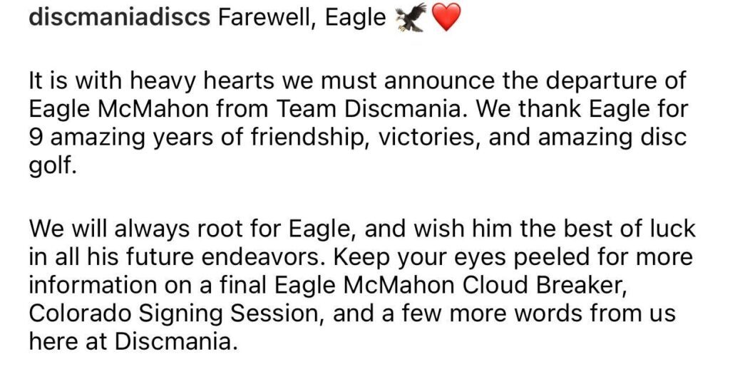 Eagle McMahon leaving Discmania