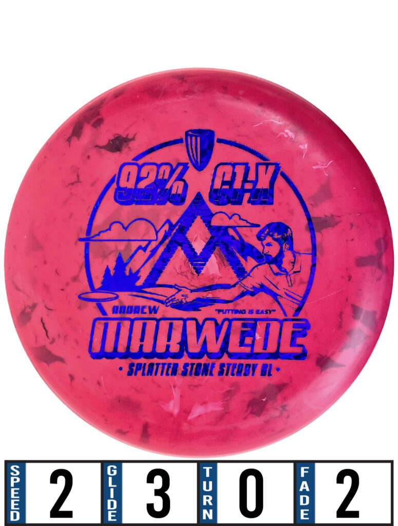 The best putter in disc golf Andrew Marwede putting putter, DGA Splatter Stone Steady BL putter.