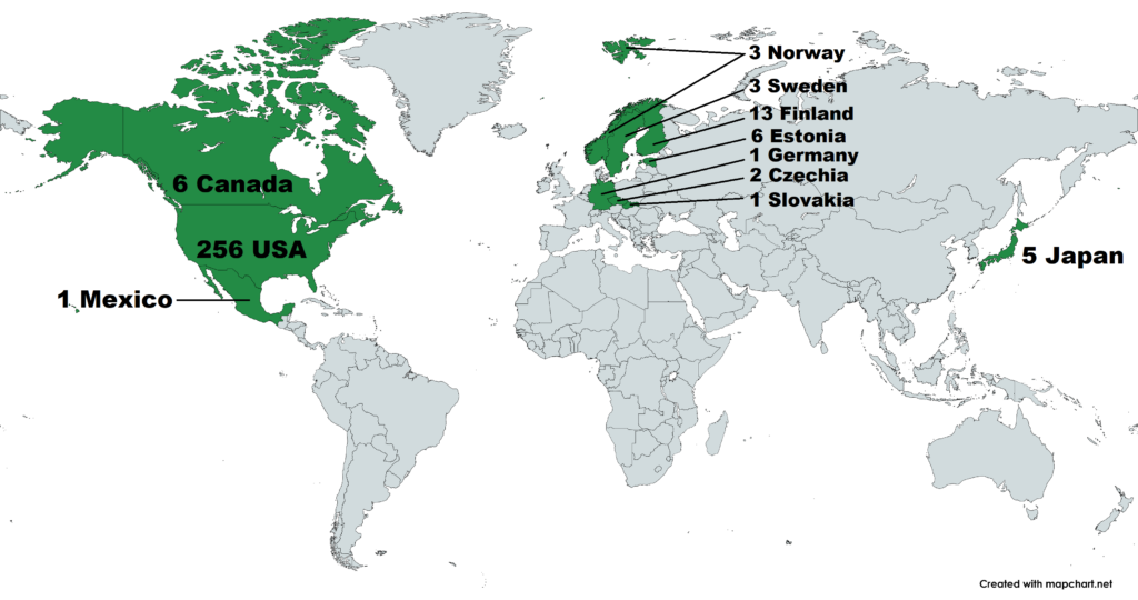 A map of the countries & number of players represented at the 2024 PDGA Pro World Championships.